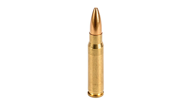 Single sharp golden brass military rifle bullet cartridge ammunition combat hardware isolated on transparent background