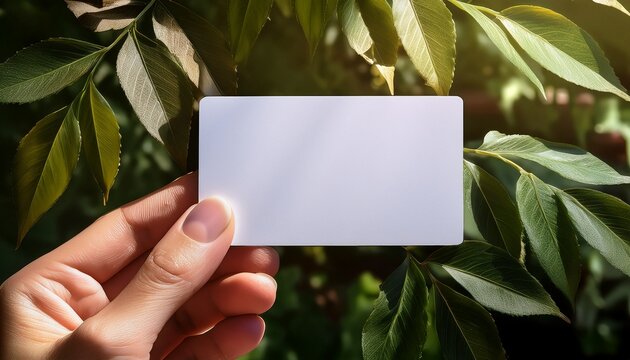 hand holding blank white business card mockup with subtle leaf shadows