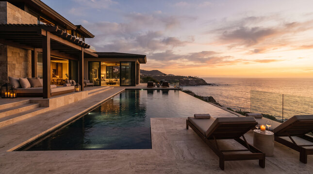 Luxury villa infinity pool at sunset with ocean view and lounge chairs