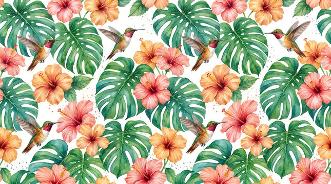 Seamless pattern with watercolor hummingbirds and tropical hibiscus flowers and monstera leaves