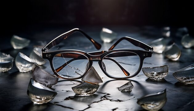 broken eyeglasses scattered on dark marble floor with dramatic lighting