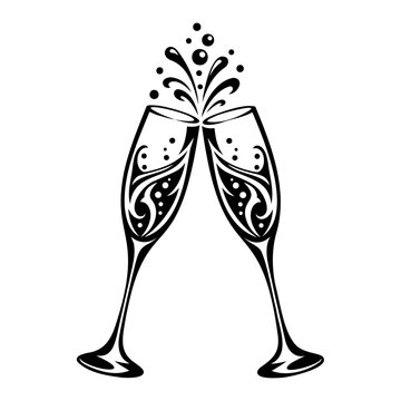 Elegant Black and White Champagne Glasses Toast with Ornamental Floral Swirls and Decorative Bubbles Vector Illustration