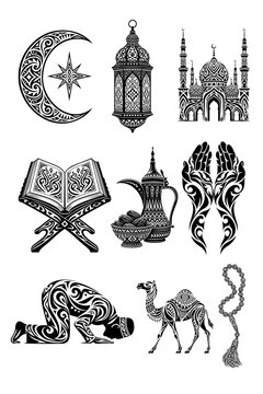 Islamic and Arabian Cultural Silhouette Collection with Crescent Moon, Lantern, Mosque, Quran, Dallah Coffee Pot, Camel and Ornamental Motifs