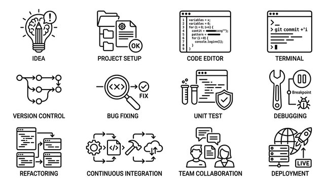 Software Development Lifecycle Icons and Programming Process Set