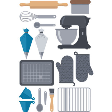 Kitchen and Bathroom Accessories Collection Set, Vector Illustration of Home Tools, Appliances, Cups, Utensils, Equipment and Household Objects Icons