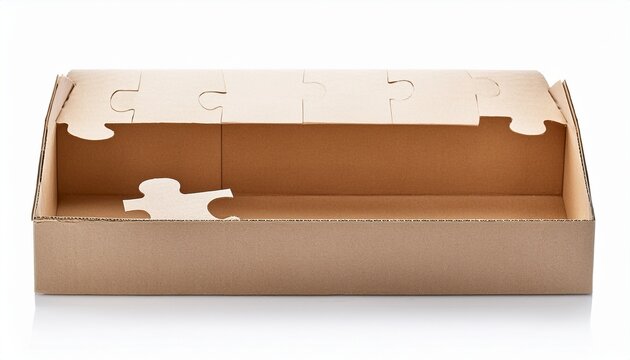 open empty cardboard puzzle packaging box isolated on white background