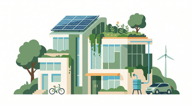 Sustainable Eco Friendly Modern House with Solar Panels and Green Roof Flat Vector Illustration