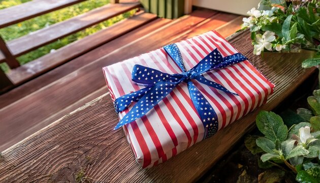 patriotic gift box with ribbon on rustic farmhouse porch