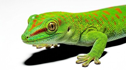 Fototapeta premium Vibrant green lizard resting on white surface, macro view showcasing detailed scales and texture, perfect for nature documentaries or scientific presentations, wildlife illustration material