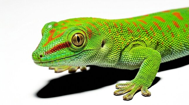 Vibrant green lizard resting on white surface, macro view showcasing detailed scales and texture, perfect for nature documentaries or scientific presentations, wildlife illustration material