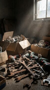 Small mice exploring rusty wrenches and old tools, dusty workshop setting, dramatic sunlight beams, industrial decay, vintage garage atmosphere