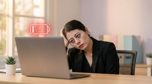 Exhausted businesswoman slumped over desk with laptop, low energy battery icon overhead, conveying burnout and fatigue, office setting