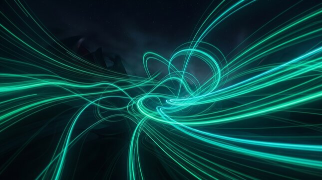 Abstract Green Fractal Background with Glowing Waves, Flowing Energy Lines, Cosmic Space, Digital 3D Texture and Futuristic Fantasy Design:::