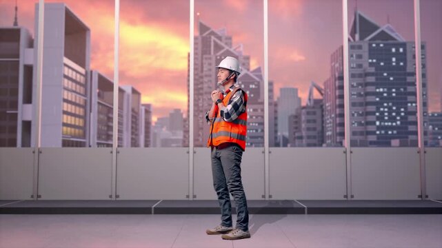 Full Body Side View Of Asian Male Engineer With Safety Helmet Pray For Something While Standing at Office with Panoramic City Skyline at Sunset