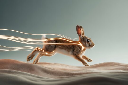 Wild rabbit hare running fast with glowing light trail speed motion effect sand landscape 3d render graphic design