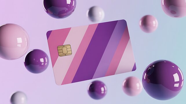 Credit card with purple stripes floats among glossy spheres.