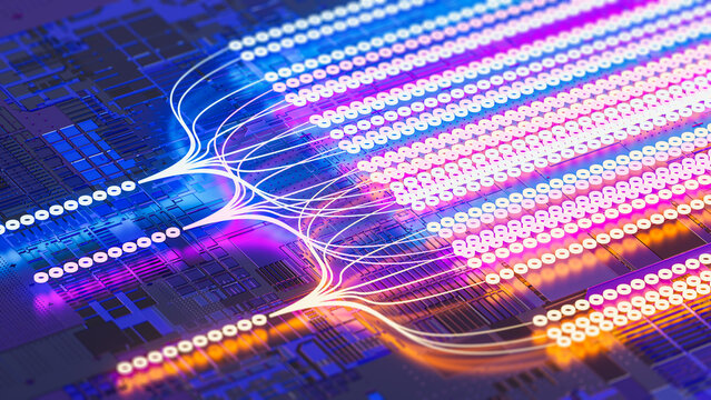 Lines of data travel through a circuit background