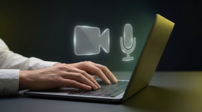 Person using laptop with video call and microphone icons