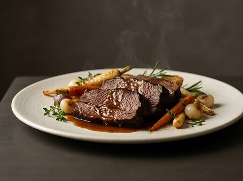 A gourmet plate of tender boneless chuck roast served with roasted root vegetables and savory gravy