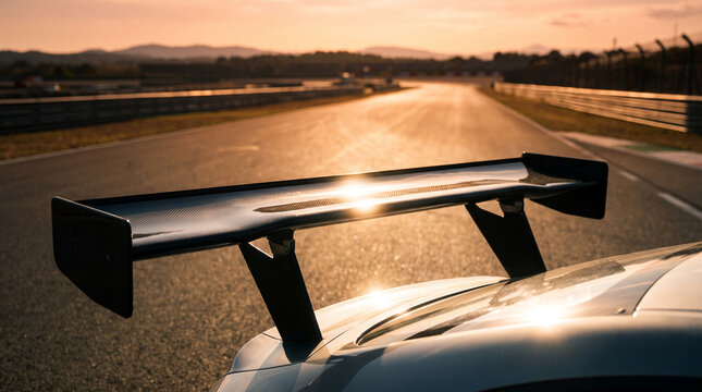 Carbon fiber rear spoiler on a sports car at sunset on a racetrack