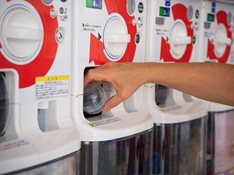 Hand Reaches into Gachapon Machine to Get a Capsule Toy in Japan