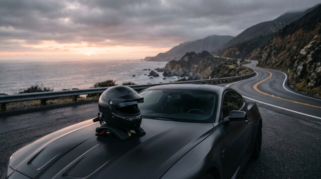 Sports car and helmet on cliffside highway overlooking ocean at sunset