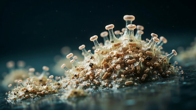 Detailed microscopic view of a spherical virus particle with spike proteins on its surface against dark background