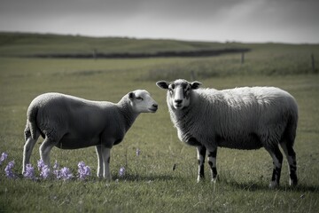 Fototapeta premium Two white sheep standing in green grass pasture field selective color background rural farm animals nature scene