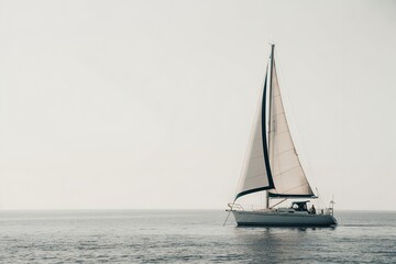 Fototapeta premium White sailboat sailing on calm quiet open sea ocean waters minimal horizon clear sky summer travel background view