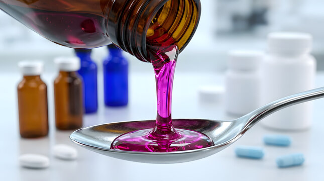Pink cough syrup pouring into a silver spoon | Pharmaceutical liquid medicine dosage in laboratory | Close up of medicinal syrup for flu and cold | Healthcare concept with liquid medication and pills
