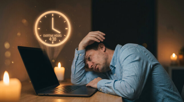 Man frustrated at desk with laptop, late night work, time running out, deadline pressure, glowing clock hologram