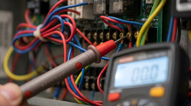 Testing electrical terminal with multimeter probe | Electrical troubleshooting of control panel wiring | Electrician diagnosing industrial circuit board faults | Professional maintenance of electrical