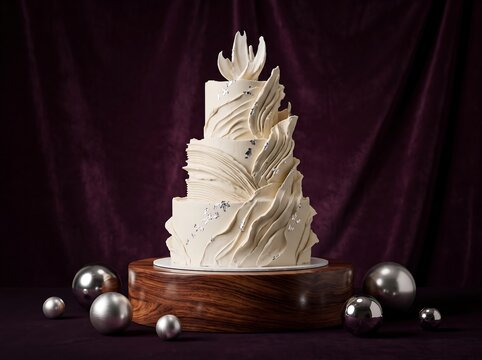 Elegant white wedding cake with abstract gold leaf details on a luxury dark velvet background