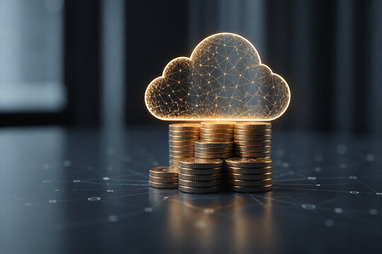 A glowing, wireframe cloud icon rests atop a stack of gold coins on a dark, networked surface.