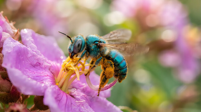 Blue bee pollinating yellow flower in blurred green nature background