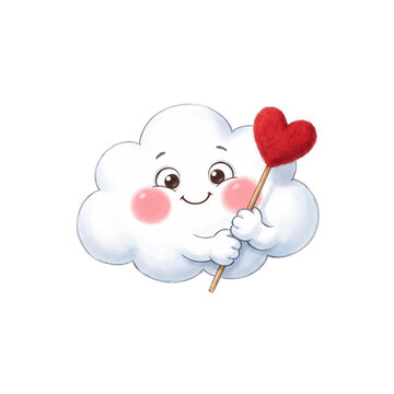 Cute fluffy white cloud character smiling happily while holding a small red fuzzy heart stick
