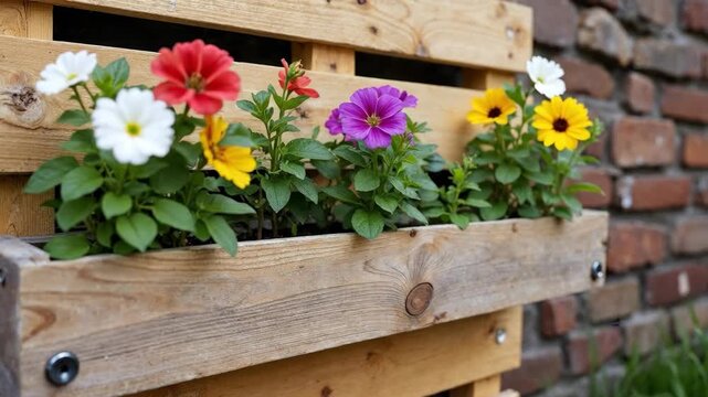 Vibrant colorful flowers bloom in a rustic wooden pallet planter against a brick wall.