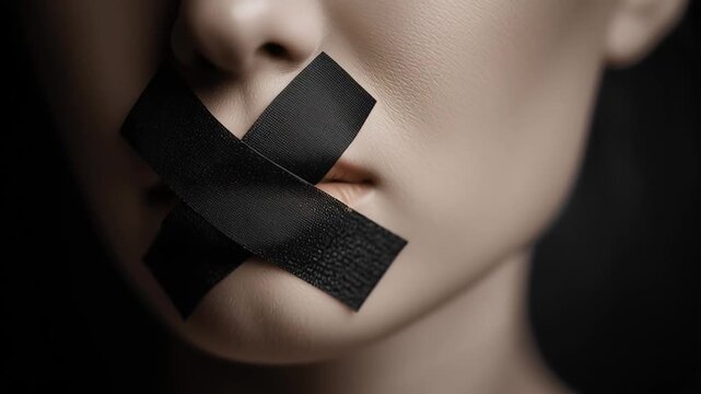 Black Tape Sealing a Mouth in Stark Monochrome