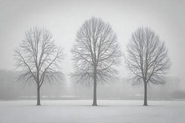 Fototapeta premium Three bare winter trees standing in row on snow covered field foggy white background minimalist landscape scenery