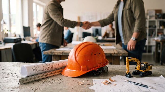 Architects engineers or construction professionals shake hands completing a successful business deal 
