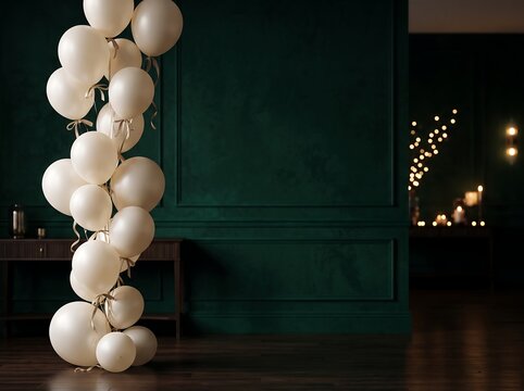 A tall pillar made of white balloons standing in a dark room with blurred festive lights