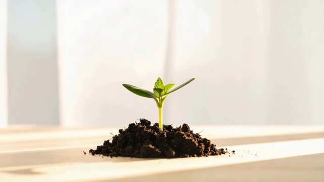 New Growth Sprout: A tender green sprout emerges from a small mound of rich soil, symbolizing new beginnings, growth, and the promise of life.
