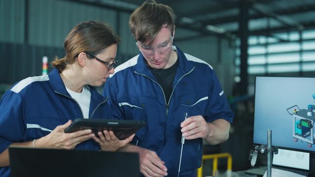 Male and female industrial specialists analyzing laptop data in a workshop. Collaborative planning for automated machine assembly.