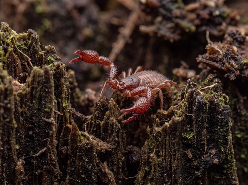 Detailed Macro Shot of a Red Pseudoscorpion with Large Pedipalps on Textured Mossy Wood