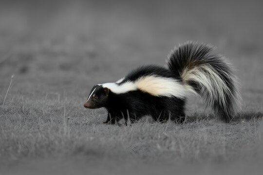 Striped skunk walking in grass field selective color background wild animal nature portrait outdoor scene view