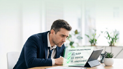 Fototapeta premium Man in business suit focused on tablet screen showing checklist with green checkmarks, modern office setting with plants
