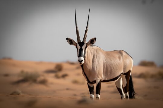 Gemsbok oryx antelope with long straight horns standing in desert sand dunes safari wildlife landscape view scene