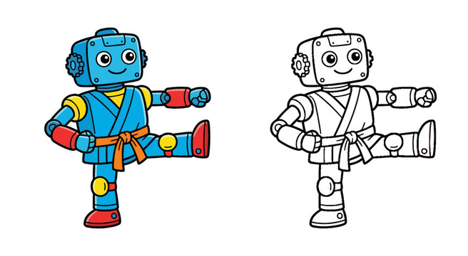 Cute Martial Arts Robot Doing Karate Kick Cartoon Vector Illustration with Coloring Page Outline for Kids