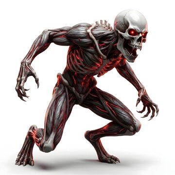 A terrifying muscular undead creature with a skull head and glowing red eyes isolated on white