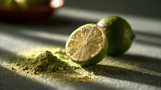 Fresh lime fruit halves and green lime peel zest powder on natural light background